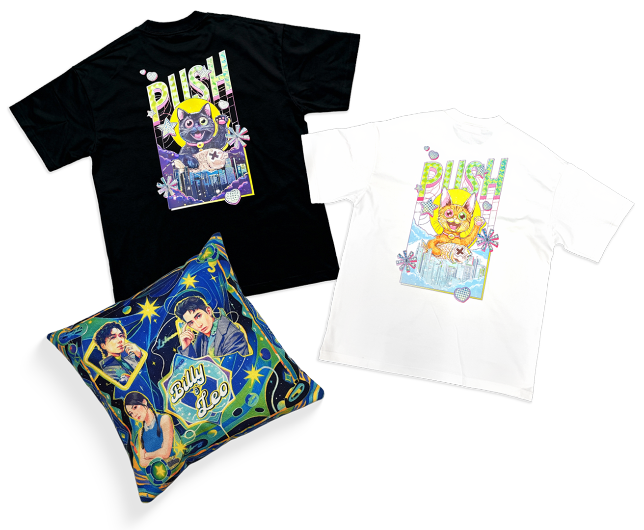 PUSH Black T-shirt with cat character